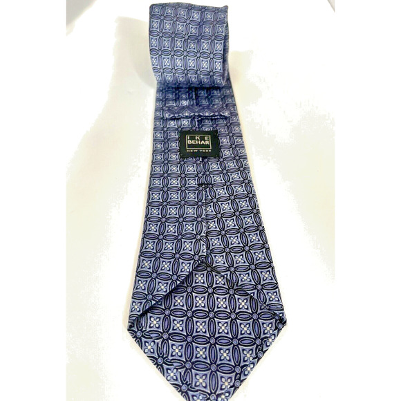 IKE Behar New York Silk Tie Blue Silver Geometric Jacquard Textured Dapper USA - Picture 4 of 6